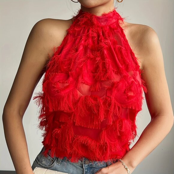 Red Fluffy Fringes Halter Neck Top Blouse - Picture 1 of 5